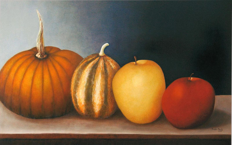 A huge, realistic still life of 2 pumpkins and two apples sitting on a brown table set against a bluish, purple background.