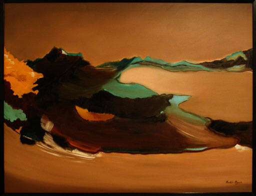 An abstract oil painting of a swirling desert storm of brown, orange and green color.