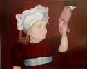 A commissioned portrait of a four year old child rendered realistically with her pink cap, burgundy dress, white silk belt, and all her innocence and trust. Only Daddy's hand appears signifying his constant love and protection.