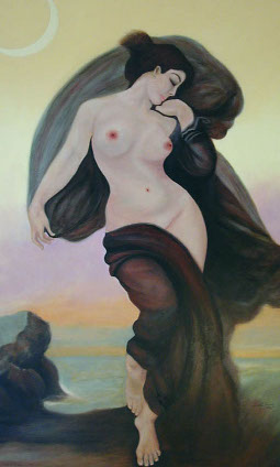 A framed oil painting of a nude woman surrounded by swirling burgundy drapery with the sea and crescent moon against a yellow sky.