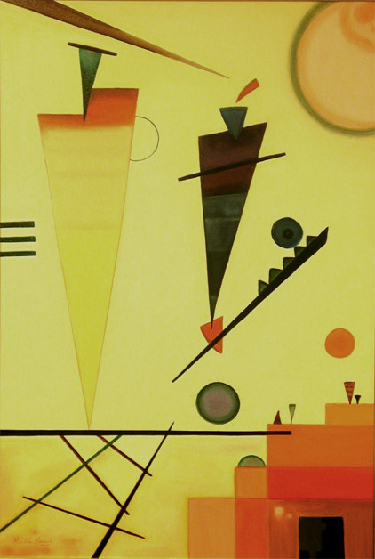 An original oil reproduction of Structure Joyeuse, the colorful, geometric abstract by Wassily Kandinsky.