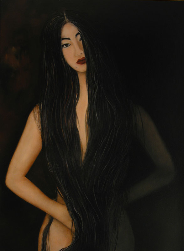 a fine oil paintings made in tribute to the brilliant photographer, Uwe Ommer, depicting a pale, slender oriental woman almost covered by jet black hair set against a mysterious black background.