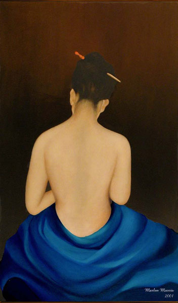 A framed oil painting of a serene partially nude woman showing her translucent sensuous back. She appears modestly covered below the waist by deep blue drapery which contrasts nicely with the dark brown background.