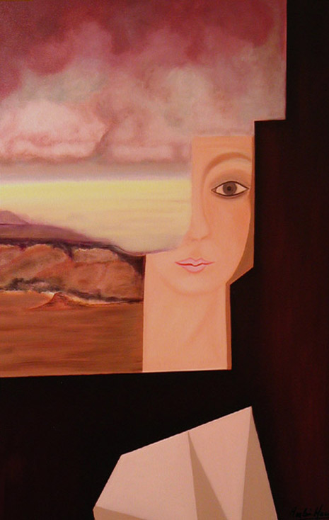 Mind Wide Open, a surrealistic oil painting of a one-eyed woman whose face fades into a brown desert with burgundy clouds.