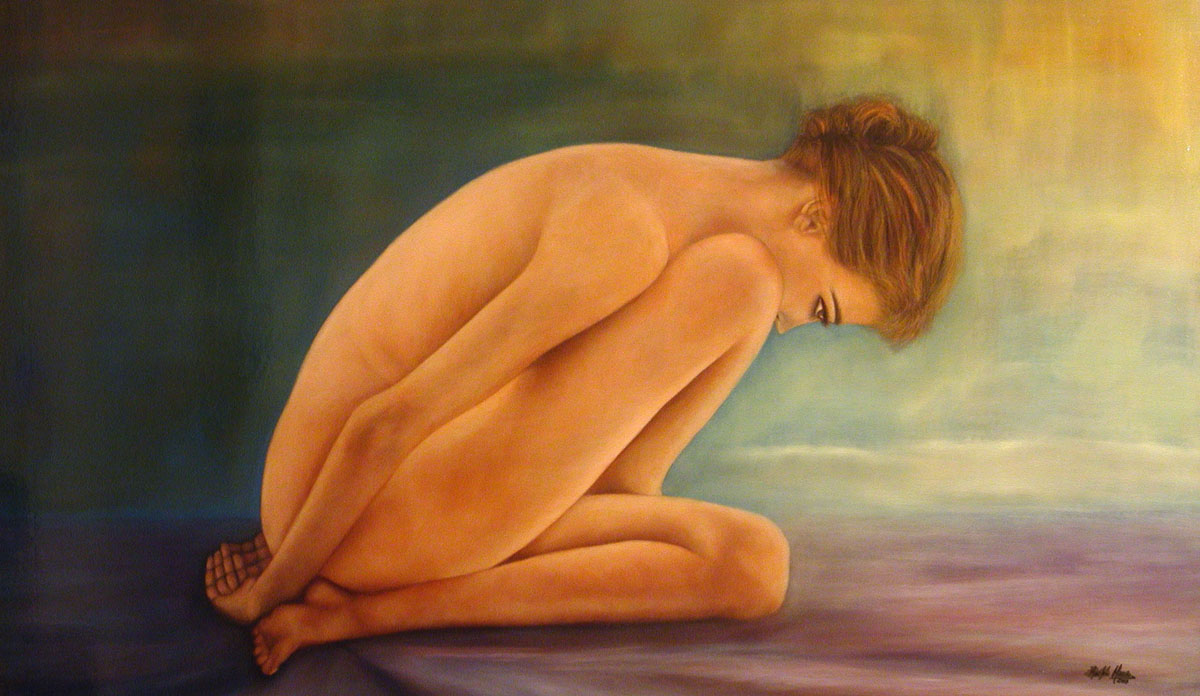 A framed oil painting of a nude woman deep in though set against a colorful background of green, yellow, blue and purple.