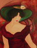Unfathomable, an impressionistic half length portrait of a mysterious woman in a burgundy dress and a large green hat set against a swirling background of burgundy, pink and green.